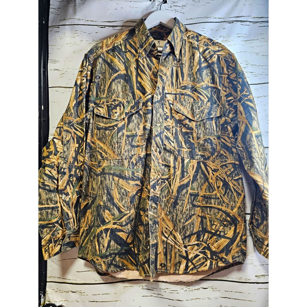 Vintage 90s Browning Mossy Oak Camo Hunting Shirt Men M Made Hong Kong Buckmark